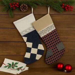 Vintage Hand Quilted Christmas Stockings Lace Trim Cottage Primitive Set of 2